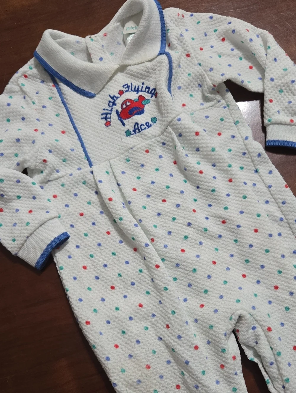 Vintage White Polka Dot Baby One-Piece with Blue Trim